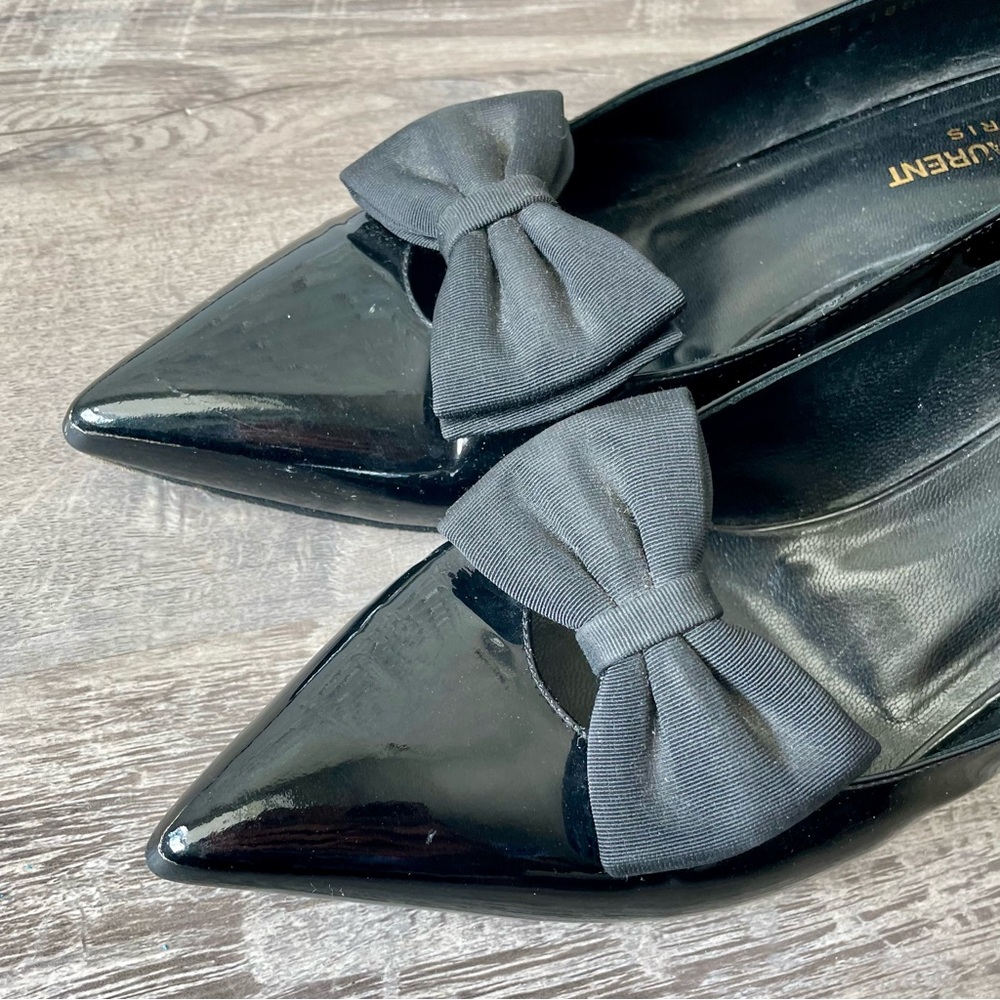 Yves Saint Laurent YSL Black Italian Patent Leather Bow Kitten Heel Size 40 - Picture 5 of 14